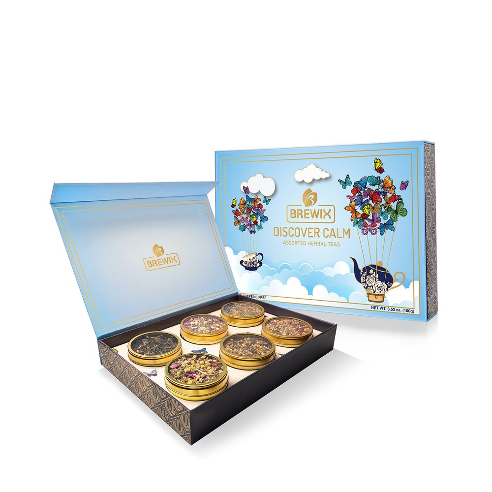 BREWIX, Discover Calm Premium Herbal Tea Christmas Gift Box (3.53oz/50+ Cups) | Tea Gift Sets For Tea Lover | 6 Unique Herbal Teas | Best for Birthdays, Anniversaries & Holidays