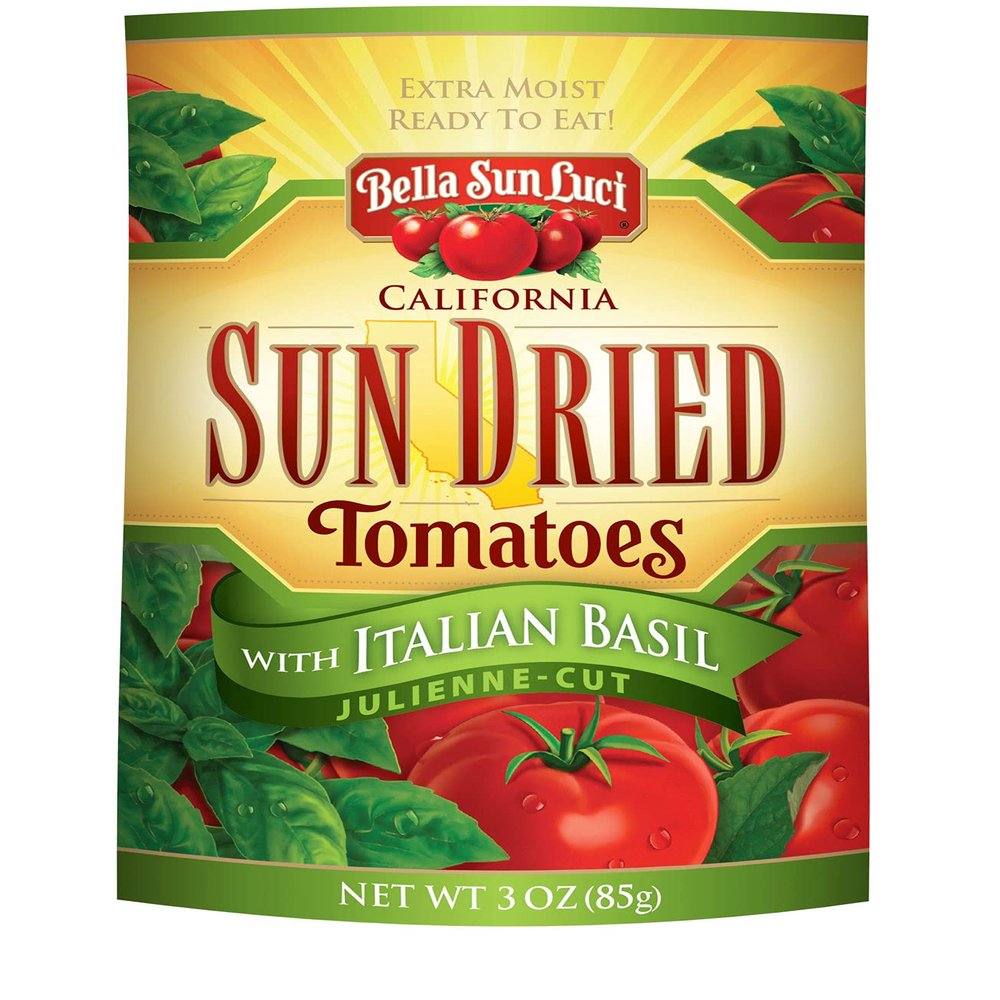 Bella Sun Luci Sun Dried Tomatoes with Italian Basil, Gluten-Free, Vegan, California Grown, Mediterranean Style Sun-Ripened Tomatoes, Premium Ingredient for Pasta, Pizza, Salads (1 Pack)