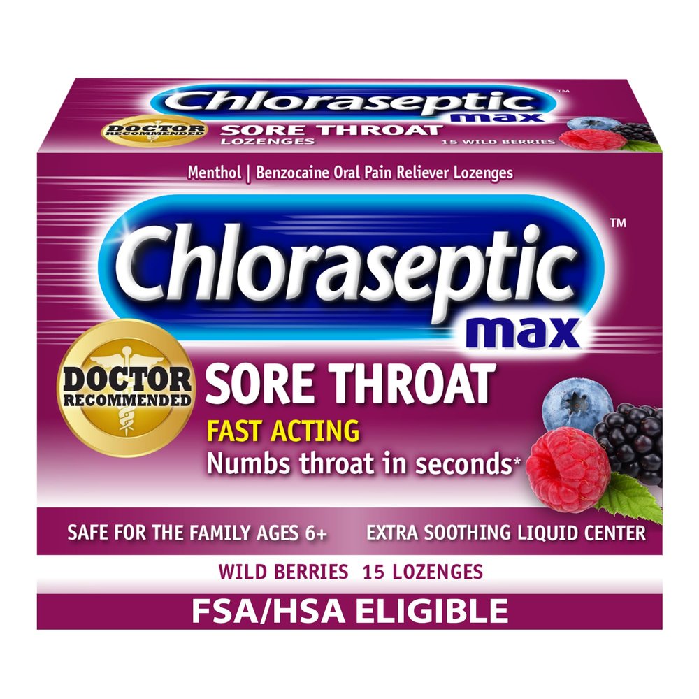 Chloraseptic Max Strength Sore Throat Relief Lozenges, Wild Berry, Drops with Liquid Center to Numb Sore Throat, 15 Count