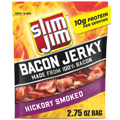 Slim Jim Smoked Bacon Jerky, Hickory Flavor, 10g Protein Per Serving, 2.75 oz. (1 Count)