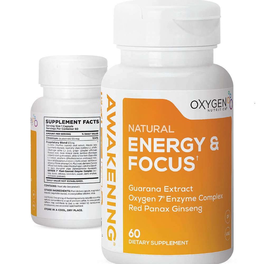 Awakening Natural Energy & Focus Supplement with Panax Ginseng, Guarana Extract & Chromium Picolinate | Brain Supplement for Focus, Energy, Mood & Clarity | Gluten Free Veggie, USA - 60 Caps