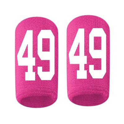 #49 Embroidered/Stitched Sweatband Wristband HOT PINK Sweat Band w/ WHITE Number (2 Pack)