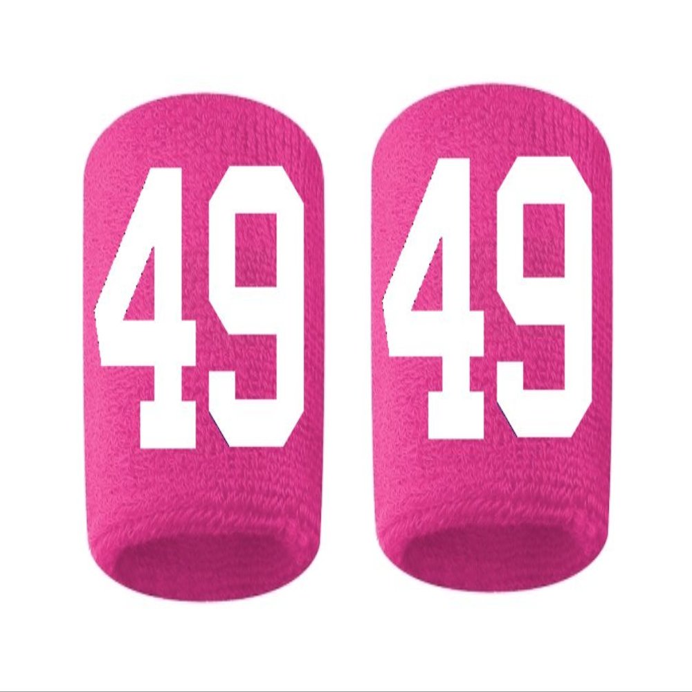 #49 Embroidered/Stitched Sweatband Wristband HOT PINK Sweat Band w/ WHITE Number (2 Pack)