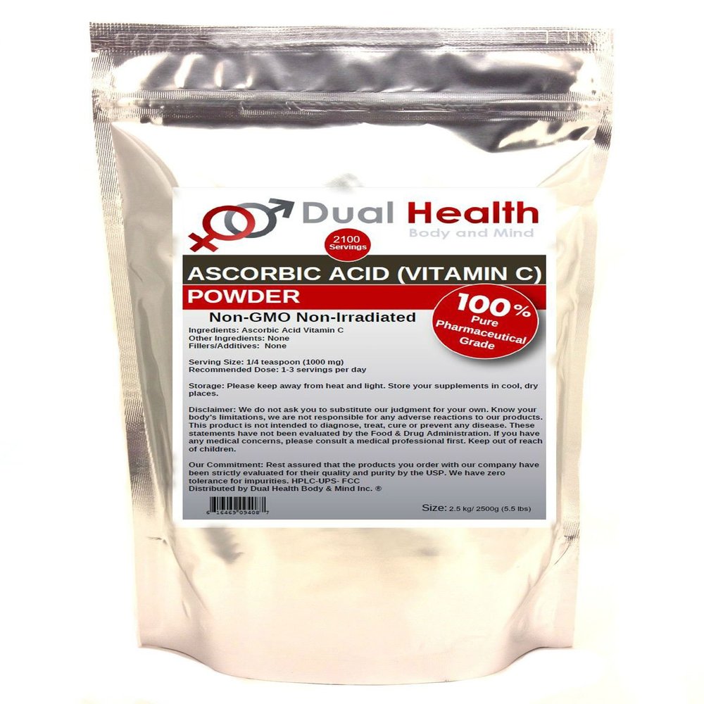 Ascorbic Acid (2.5kg - 5.5 lbs) Pure Vitamin C Powder High Potency Food Grade Cell and Immune Support Non-GMO Soluble Fine Crystals Antioxidant Bulk Supplements Skin Hair Bones Teeth Nails
