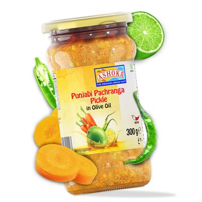 Ashoka 1932 | All Natural Pickle | Premium Olive Oil | North Indian Pickle Mix | Punjabi Pachranga Achar | Spicy Relish | Vegan | Kosher Certified | Popular Indian Condiment | 300 Grams