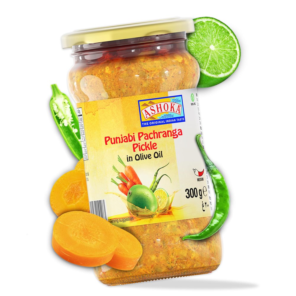 Ashoka 1932 | All Natural Pickle | Premium Olive Oil | North Indian Pickle Mix | Punjabi Pachranga Achar | Spicy Relish | Vegan | Kosher Certified | Popular Indian Condiment | 300 Grams
