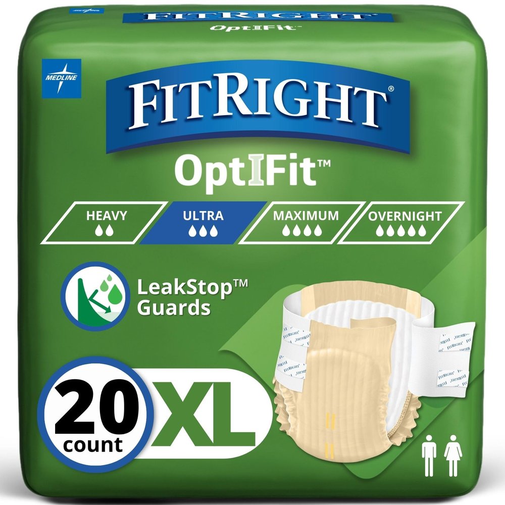 FitRight Adult Diapers, Ultra Heavy Absorbency, XL (Waist Size 56in-64in), 20 Count, OptiFit Incontinence Briefs for Men and Women, Disposable, Moisture-Wicking, Leak Protection,