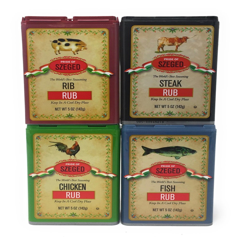 Szeged 4 Pack Combo, Steak, Chicken, Rib and Fish Rub/Gourmet Rub (4-5 Ounce Tins)