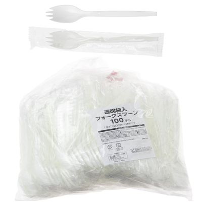Strix Design F-599 Cracked Spoons, Made in Japan, 100 Pieces, White, 6.3 inches (16 cm), Individually Packaged, Disposable Cutlery, Plastic, Commercial Use, Fork Spoons