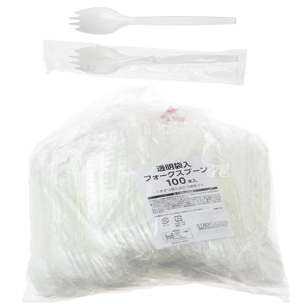 Strix Design F-599 Cracked Spoons, Made in Japan, 100 Pieces, White, 6.3 inches (16 cm), Individually Packaged, Disposable Cutlery, Plastic, Commercial Use, Fork Spoons