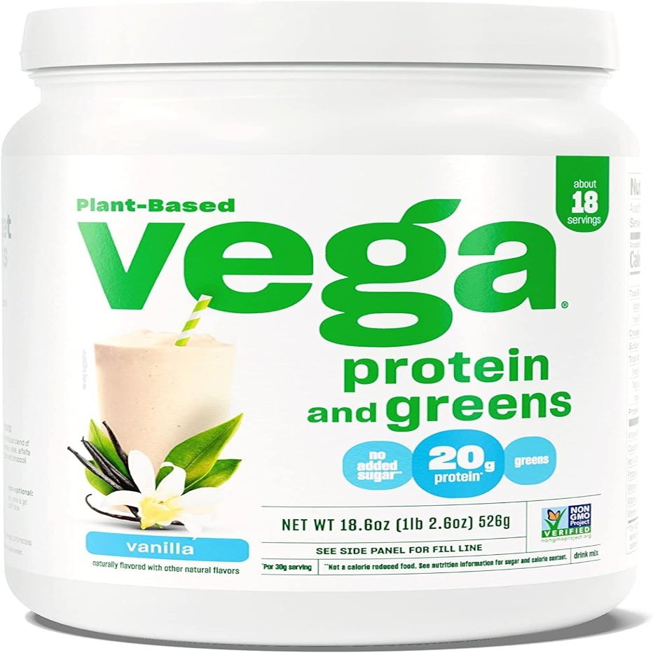 Vega Protein + Supergreens - 20g Plant-Based Protein, Vanilla, 18 Servings, Real Greens & Veggies, Vegan Keto, 0g Added Sugar, Non-GMO, Gluten Free, Dairy Free, 1.2lbs (Packaging May Vary) (Pack of 1)