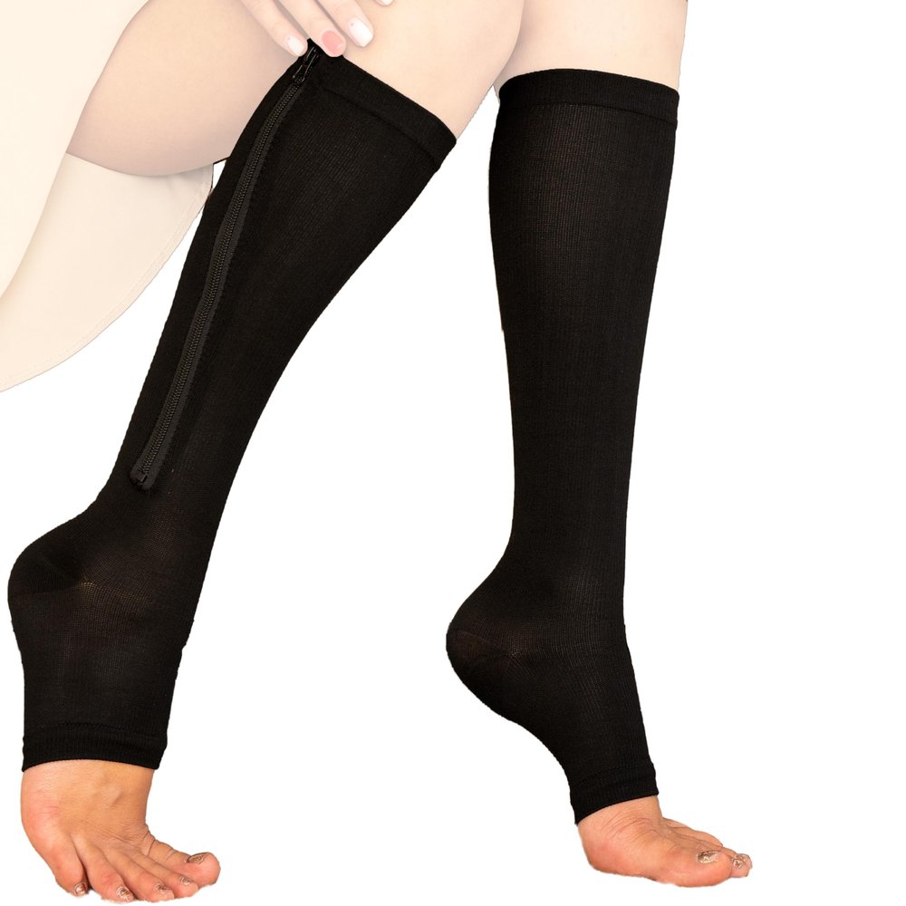 Zipper Compression Socks Supports Stockings Leg Open Toe 23-32mmHg Zipper (Regular, Black)