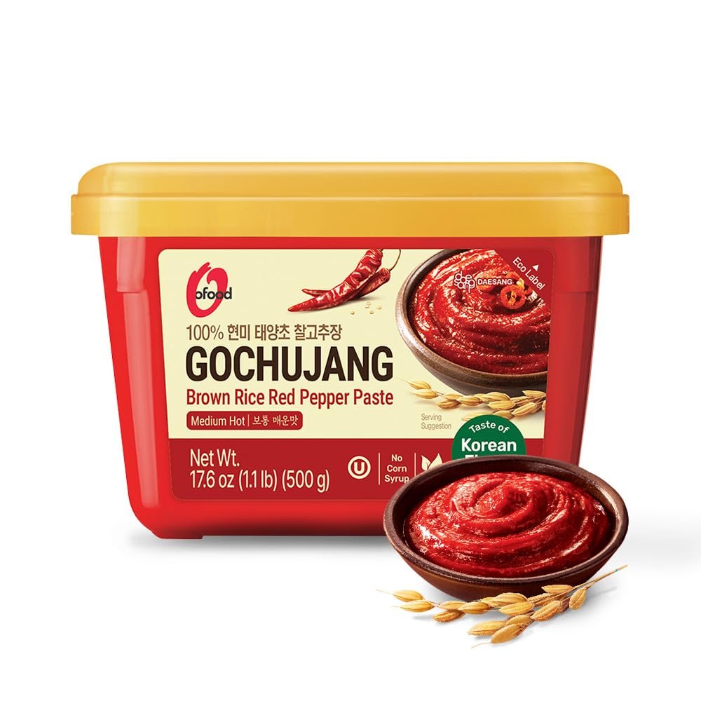 Gochujang  Korean Red Chili Paste [ Medium | 1.1 lb (500g) ]  0 Fat/ 0 Cholesterol / (40 Calories/Serving) | Spicy & Sweet Savory Fermented Sauce | Great for Bibimbap, Marinades, Stews & BBQ - Ofood