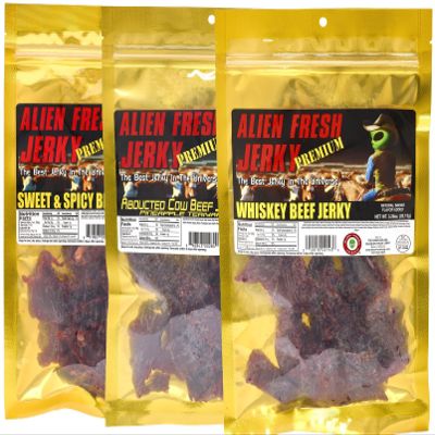 Alien Fresh Jerky | Top Trio | Sweet And Spicy - Abducted Cow Pineapple Teriyaki - Whiskey | - Variety Pack - Premium Beef - Low Calorie Snack - The Best Jerky In The Universe - Made In USA 3 Pack Sampler Set