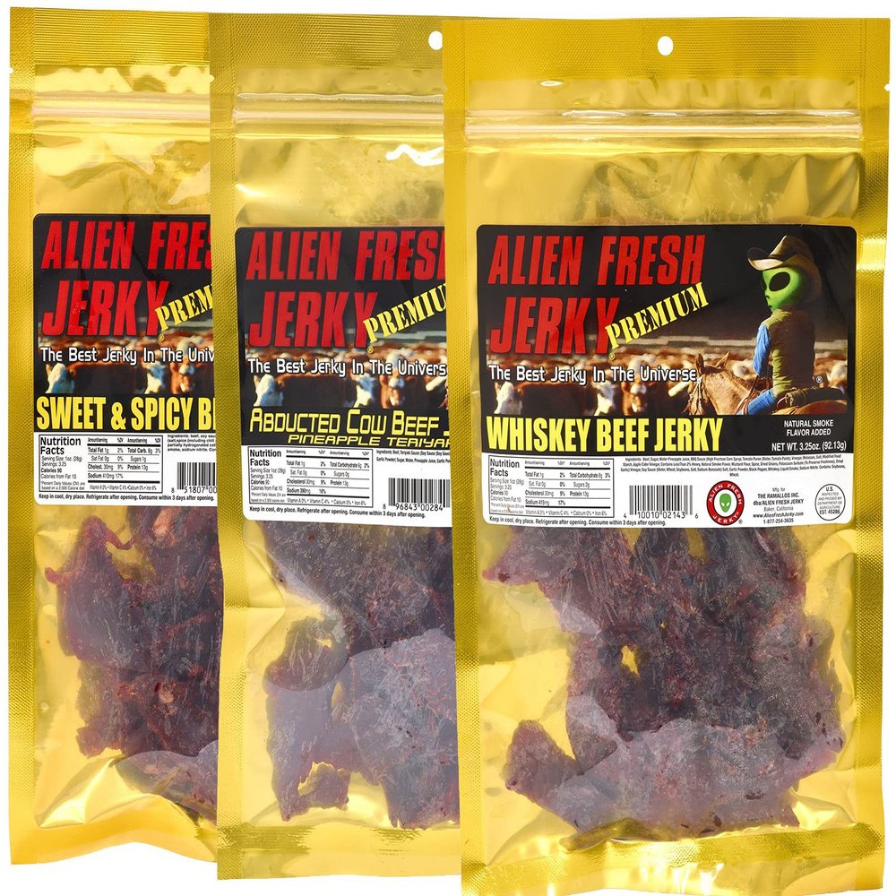 Alien Fresh Jerky | Top Trio | Sweet And Spicy - Abducted Cow Pineapple Teriyaki - Whiskey | - Variety Pack - Premium Beef - Low Calorie Snack - The Best Jerky In The Universe - Made In USA 3 Pack Sampler Set