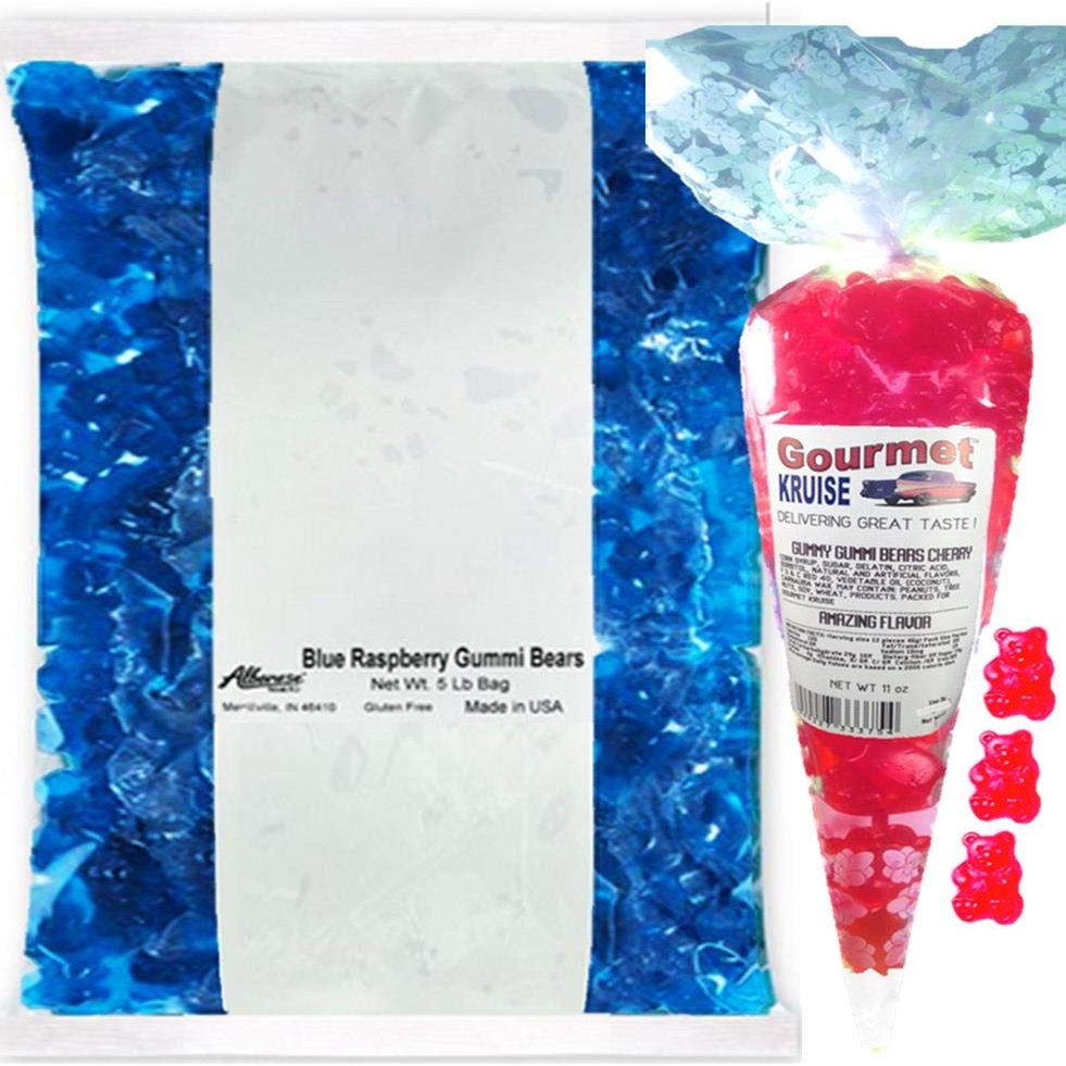 Albanese Blue Raspberry Gummi Bears 5lb Bag With Red Cherry Gummy Gourmet Kruise Signature Gift Bag 11 OZ (NET WT 5 LBS.11OZ) 2 Item Bundle