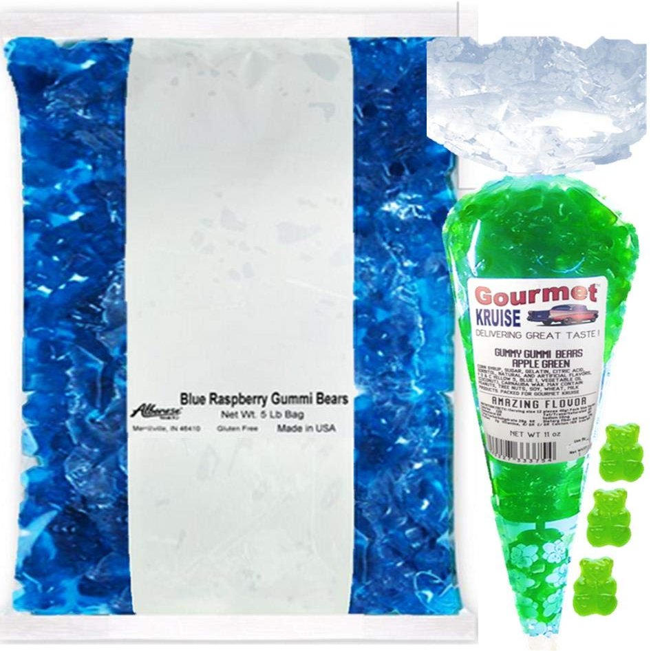 Blue Gummi Gummy Bears Raspberry Albanese - Bulk Candy 5lb Bag With Green Apple Gourmet Kruise Signature Gift Bag 11 OZ (NET WT 5 LBS.11OZ) 2 Item Bundle