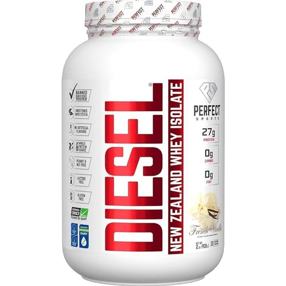 PERFECT SPORTS Diesel 100% New Zealand Whey Protein Isolate | Stevia Sweetened, No Artificial Ingredients, Keto | 0g Carb, 0g Fat, 26g Protein | 2 Pounds (French Vanilla)