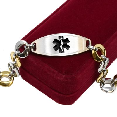 My Identity Doctor Medical Bracelet For Women With Free Engraving, Stainless Steel Personalized Medic ID Custom Sized, 1.5cm Gold Tone Chain Black Alert - Made in USA - WRIST SIZE 7.75 inch