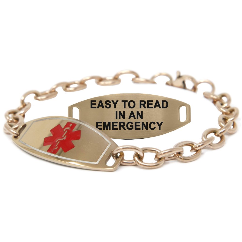 My Identity Doctor Medical Alert Bracelet for Women, Custom Engraved Medic ID, Rose Gold Tone Steel 6mm O-Link Chain, Red, Free ID Card - Made in USA - WRIST SIZE 7.5 inch