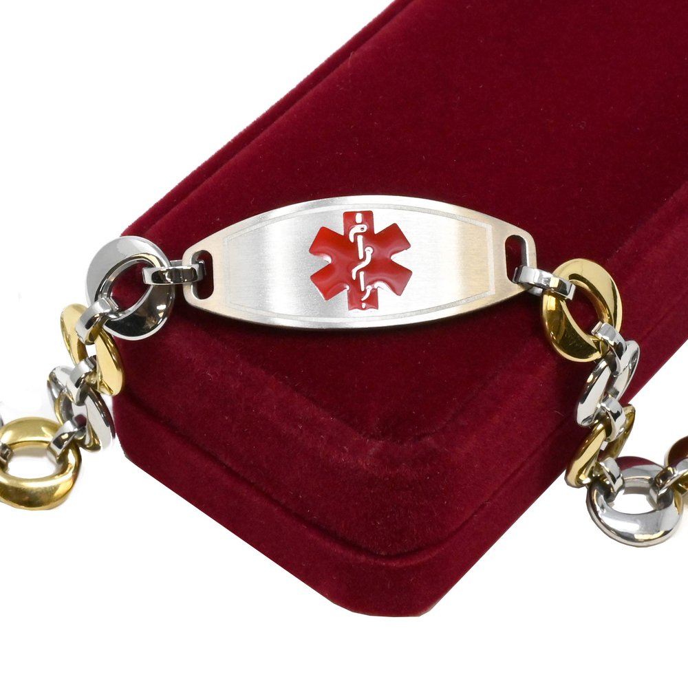 My Identity Doctor Medical Bracelet For Women With Free Engraving, Stainless Steel Personalized Medic ID Custom Sized, 1.5cm Gold Tone Chain Red Alert - Made in USA - WRIST SIZE 6.75 inch