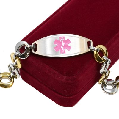 My Identity Doctor Medical Bracelet For Women With Free Engraving, Stainless Steel Personalized Medic ID Custom Sized, 1.5cm Gold Tone Chain Pink Alert - Made in USA - WRIST SIZE 5.75 inch
