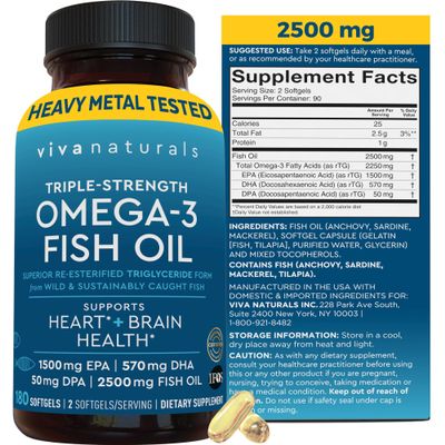 Triple Strength Fish Oil Omega 3 Supplements for Women and Men 2500 mg High-Potency, Easy-to-Absorb Re-esterified Triglyceride Form, Pescatarian-Friendly DPA Omega 3 EPA DHA Supplement,180 Softgels