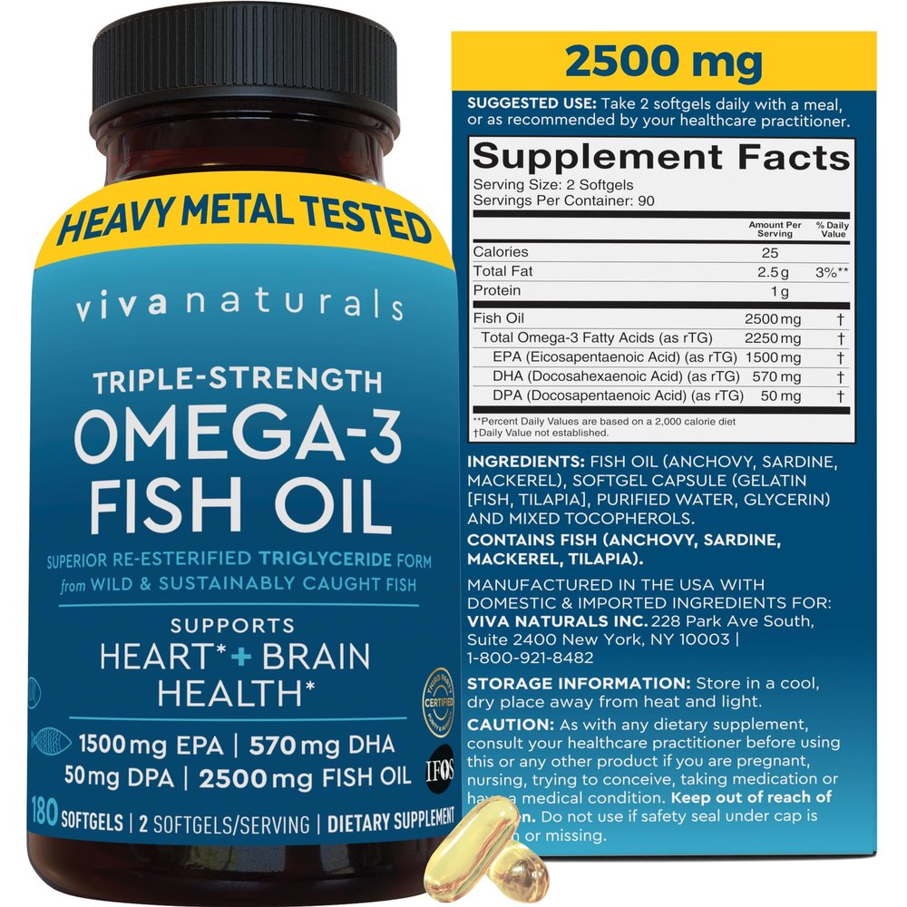 Triple Strength Fish Oil Omega 3 Supplements for Women and Men  2500 mg High-Potency, Easy-to-Absorb Re-esterified Triglyceride Form, Pescatarian-Friendly DPA Omega 3 EPA DHA Supplement,180 Softgels