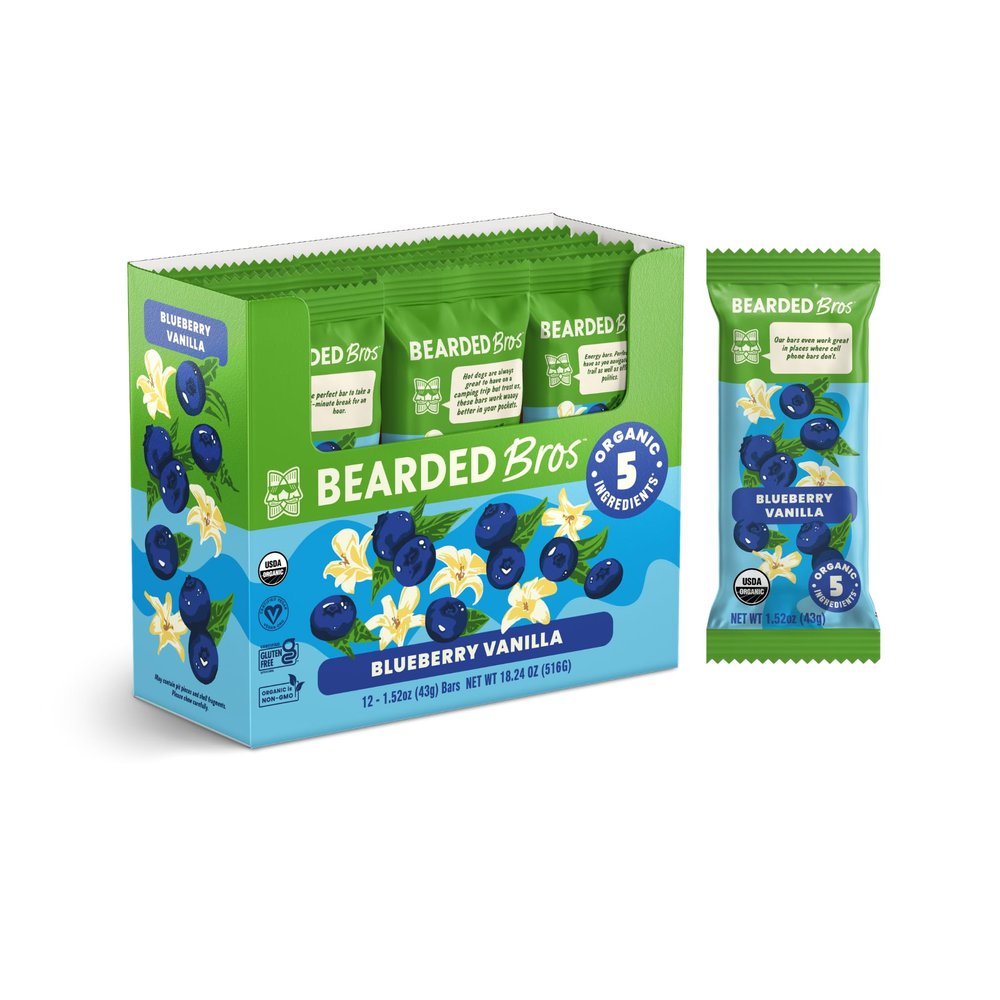 Bearded Brothers, Organic Vegan Protein Energy Bars, Blueberry Vanilla (12 Pack) - Gluten Free, Paleo, Fiber, Whole 30 | Non GMO Low Glycemic Snacks (Packaging May Vary)