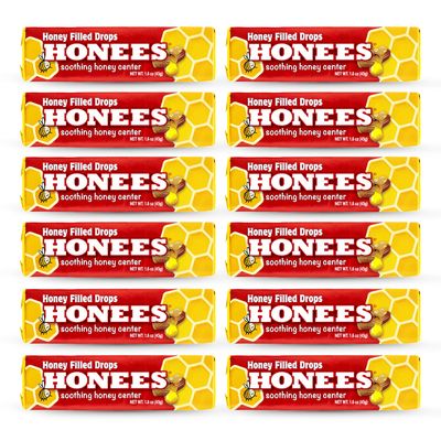 Honees Honey Filled Drops, Honey Cough Drops with Real Honey-Natural Sore Throat Relief-Nothing Artificial-Throat Coat Lozenges, Natural Cough Suppressant, Non-GMO (12 Pack  108 Drops)