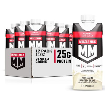 Muscle Milk Genuine Protein Shake, Vanilla Crme, 11 Fl Oz Carton, 12 Pack, 25g Protein, Zero Sugar, Calcium, Vitamins A, C & D, 5g Fiber, Energizing Snack, Workout Recovery, Packaging May Vary