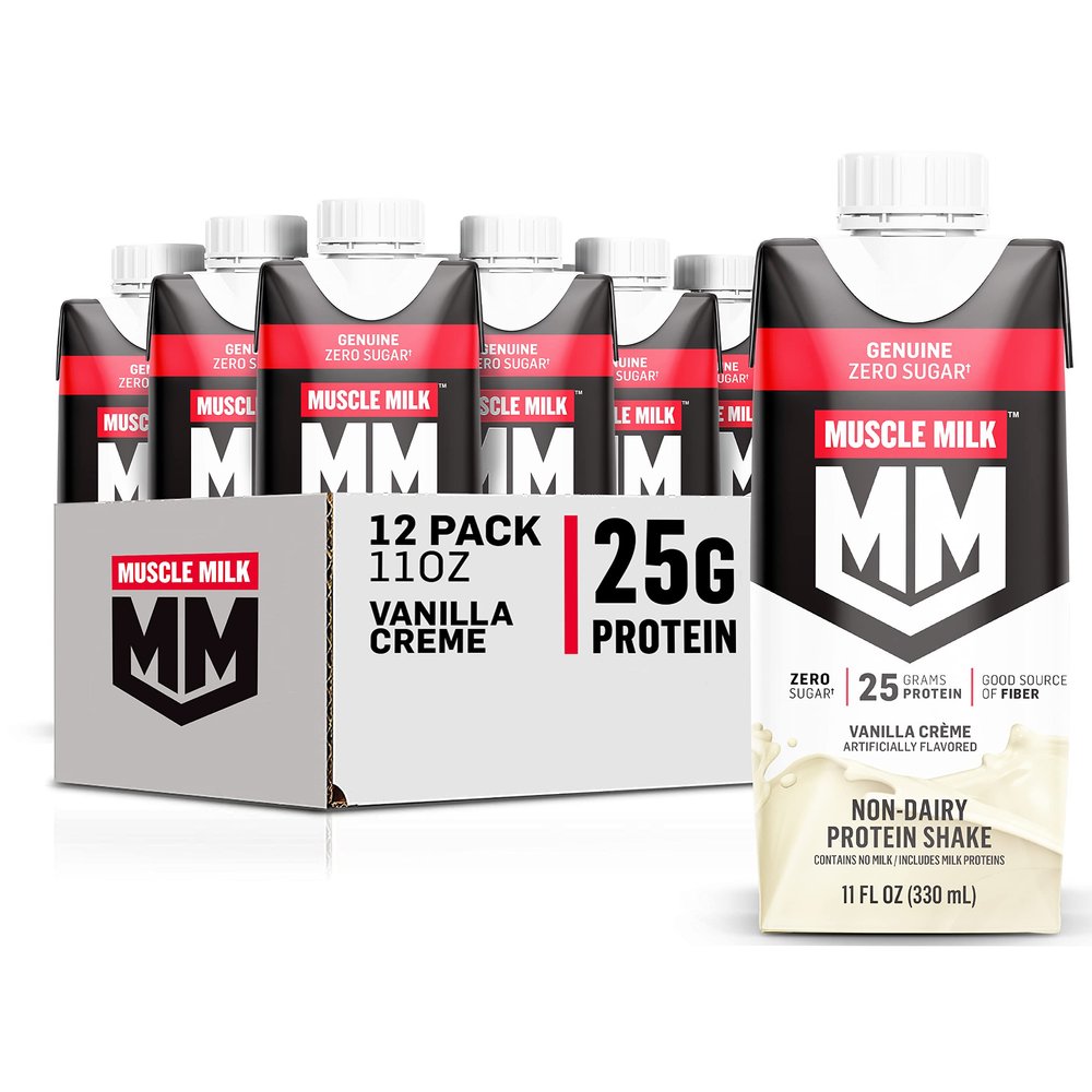 Muscle Milk Genuine Protein Shake, Vanilla Crme, 11 Fl Oz Carton, 12 Pack, 25g Protein, Zero Sugar, Calcium, Vitamins A, C & D, 5g Fiber, Energizing Snack, Workout Recovery, Packaging May Vary