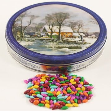 Scott's Cakes Rainbow Mix Chocolate Covered Sunflower Seeds in a Mini Homestead Tin