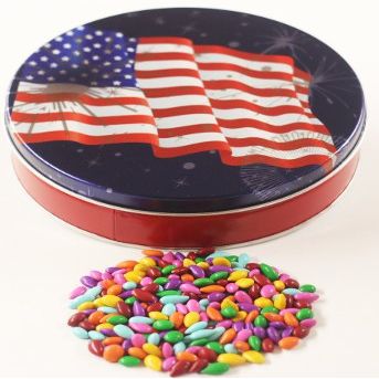 Scott's Cakes Rainbow Mix Chocolate Covered Sunflower Seeds in a Mini American Fireworks Tin