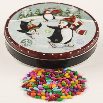 Scott's Cakes Rainbow Mix Chocolate Covered Sunflower Seeds in a Mini Skating Penguins Tin