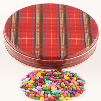 Scott's Cakes Rainbow Mix Chocolate Covered Sunflower Seeds in a Mini Plaid Tin