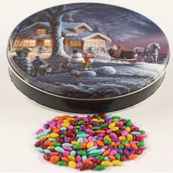 Scott's Cakes Rainbow Mix Chocolate Covered Sunflower Seeds in a Mini Sleigh Ride Tin