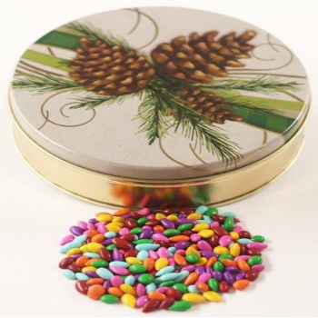 Scott's Cakes Rainbow Mix Chocolate Covered Sunflower Seeds in a Mini Festive Pinecone Tin