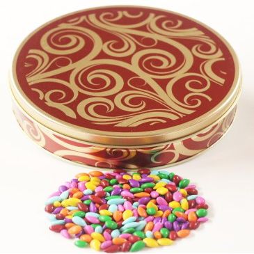Scott's Cakes Rainbow Mix Chocolate Covered Sunflower Seeds in a Mini Golden Swirl Tin