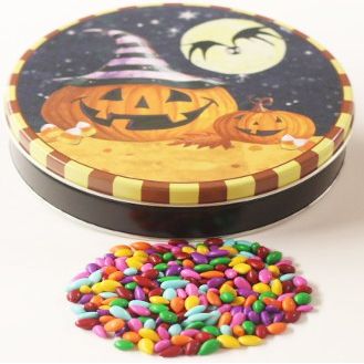 Scott's Cakes Rainbow Mix Chocolate Covered Sunflower Seeds in a Mini Happy Halloween Tin