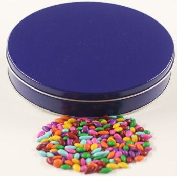 Scott's Cakes Rainbow Mix Chocolate Covered Sunflower Seeds in a Mini Solid Blue Tin