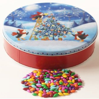 Scott's Cakes Rainbow Mix Chocolate Covered Sunflower Seeds in a Mini Penguin Tree Trimming Tin