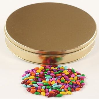Scott's Cakes Rainbow Mix Chocolate Covered Sunflower Seeds in a Mini Solid Gold Tin
