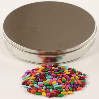 Scott's Cakes Rainbow Mix Chocolate Covered Sunflower Seeds in a Mini Solid Platinum Tin