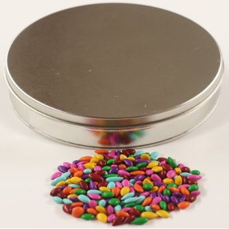 Scott's Cakes Rainbow Mix Chocolate Covered Sunflower Seeds in a Mini Solid Platinum Tin