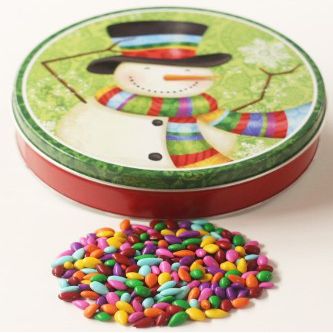 Scott's Cakes Rainbow Mix Chocolate Covered Sunflower Seeds in a Mini Scarf Snowman Tin