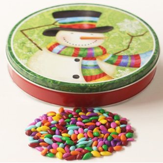 Scott's Cakes Rainbow Mix Chocolate Covered Sunflower Seeds in a Mini Scarf Snowman Tin