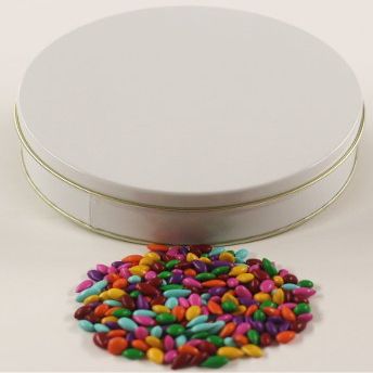Scott's Cakes Rainbow Mix Chocolate Covered Sunflower Seeds in a Mini Solid White Tin