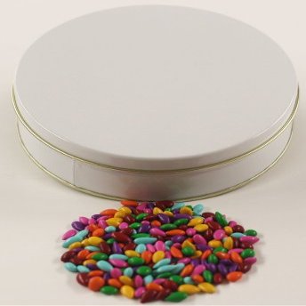 Scott's Cakes Rainbow Mix Chocolate Covered Sunflower Seeds in a Mini Solid White Tin
