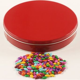 Scott's Cakes Rainbow Mix Chocolate Covered Sunflower Seeds in a Mini Metallic Red Tin